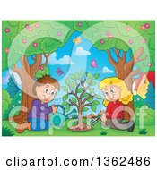 Cartoon Caucasian Boy And Girl Planting A Tree Together With Butterflies Flying Over Them