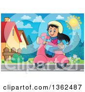 Poster, Art Print Of Cartoon Happy Girl Riding A Pink Scooter Down A Street