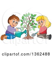 Poster, Art Print Of Caucasian Boy And Girl Planting A Tree Together