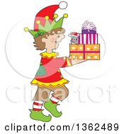 Poster, Art Print Of Cartoon Happy Christmas Elf Walking To The Right And Carrying A Mouse And Presents