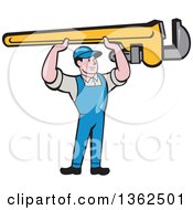 Retro Cartoon White Male Plumber Holding Up A Giant Monkey Wrench