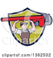 Poster, Art Print Of Retro Cartoon White Male Plumber Holding Up A Giant Monkey Wrench In A Navy Blue White And Green Shield