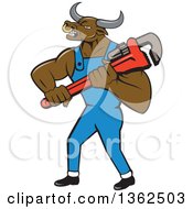 Cartoon Bull Man Plumber Mascot Holding A Monkey Wrench