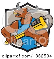 Cartoon Bull Man Plumber Mascot Holding A Monkey Wrench In A Black White And Taupe Shield