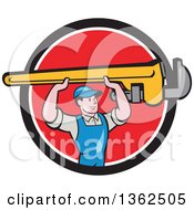 Poster, Art Print Of Retro Cartoon White Male Plumber Holding Up A Giant Monkey Wrench In A Black White And Red Circle