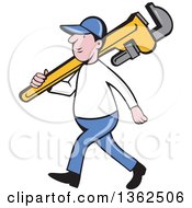 Poster, Art Print Of Cartoon White Male Plumber Holding A Giant Monkey Wrench Over His Shoulder