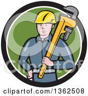 Poster, Art Print Of Cartoon White Male Plumber Holding A Giant Monkey Wrench In A Black White And Green Circle