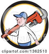 Poster, Art Print Of Cartoon White Male Plumber Holding A Giant Monkey Wrench Over His Shoulder In A Black Yellow And White Circle