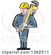 Poster, Art Print Of Cartoon White Male Plumber Holding A Giant Monkey Wrench