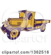 Retro Woodcut Purple And Yellow 1920s Pickup Truck With A Flatbed