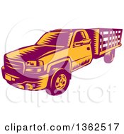 Poster, Art Print Of Retro Woodcut Maroon And Orange Pickup Truck