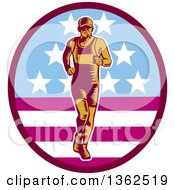 Clipart Of A Retro Woodcut Male Marathon Runner In An American Oval Royalty Free Vector Illustration