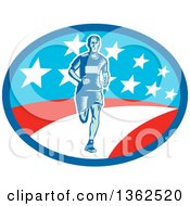 Retro Woodcut Male Marathon Runner In An American Oval