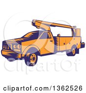 Poster, Art Print Of Retro Woodcut Orange And Blue Cherry Picker Lift Truck