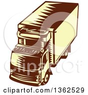 Poster, Art Print Of Retro Woodcut Brown And Yellow Refrigerated Big Rig Truck From Above
