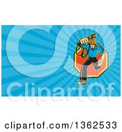 Clipart Of A Retro Electrician Running And Holding Out A Plug In An Octogon And Blue Rays Background Or Business Card Design Royalty Free Illustration