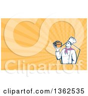 Poster, Art Print Of Retro Male Chef Holding A Pot In A Hexagon And Pastel Orange Rays Background Or Business Card Design