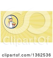 Poster, Art Print Of Retro Cartoon Male Chef Holding A Hot Bowl Of Soup In A Circle And Yellow Rays Background Or Business Card Design