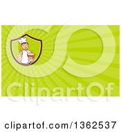 Poster, Art Print Of Retro Cartoon Male Chef Holding A Hot Bowl Of Soup In A Shield And Green Rays Background Or Business Card Design