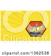 Cartoon Cement Truck Driver Waving In A Hexagon And Yellow Rays Background Or Business Card Design