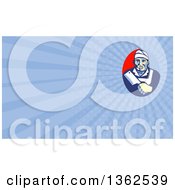 Clipart Of A Retro Male Butcher Holding A Meat Cleaver In An Oval And Blue Rays Background Or Business Card Design Royalty Free Illustration