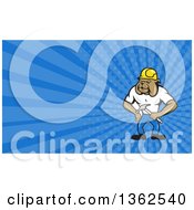 Poster, Art Print Of Cartoon Construction Worker Bulldog And Blue Rays Background Or Business Card Design