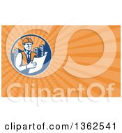 Clipart Of A Retro Construction Engineer Reading Blueprints In A City Circle And Orange Rays Background Or Business Card Design Royalty Free Illustration by patrimonio
