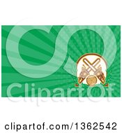 Retro Crossed Chainsaws With A Circle Of Wood And Oak Leaves And Green Rays Background Or Business Card Design