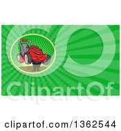 Clipart Of A Cartoon Lawn Mower Man With Folded Arms And Green Rays Background Or Business Card Design Royalty Free Illustration