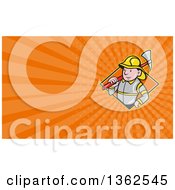 Poster, Art Print Of Cartoon Fireman With An Axe And Orange Rays Background Or Business Card Design