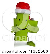 Clipart Of A 3d Happy Green Christmas Naturopathic Cross Character Pointing Around A Sign On A White Background Royalty Free Illustration