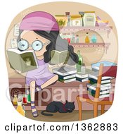 Black Haired Girl Reading Witchcraft Books In A Room With Jars And A Cat