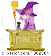 Poster, Art Print Of Purple Haired Witch Girl Looking Back Sitting With A Broom And Black Cat Over A Blank Wood Sign