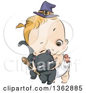 Poster, Art Print Of Cartoon Blond Caucasian Toddler Witch Girl Holding A Broom And Hugging A Black Cat
