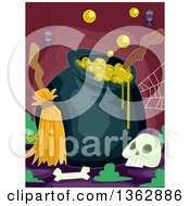 Poster, Art Print Of Boiling Witch Cauldron With A Broomstick Spider And Bones