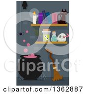 Poster, Art Print Of Boiling Witch Cauldron With A Spider Bat Broomstick Cat And Shelves