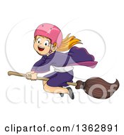 Poster, Art Print Of Happy Red Haired White Witch Girl Wearing A Helmet Flying On A Broomstick