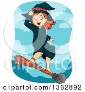 Poster, Art Print Of Happy Red Haired White Witch Girl Standing And Flying On A Broomstick