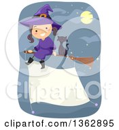 Poster, Art Print Of Happy Witch Girl And Black Cat Flying On A Broomstick With A Blank Banner Sign Attached Over A Night Sky