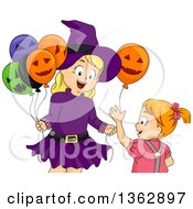 Happy Blond Caucasian Girl In A Witch Fostume Handing A Halloween Party Balloon To Her Sister