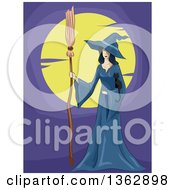 Witch In A Blue Cloak Holding A Black Kitten And Broomstick Against A Full Moon