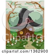 Poster, Art Print Of Tree Stump House With A Witch Hat Roof And Human Bones In The Woods