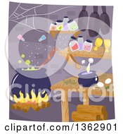 Poster, Art Print Of Witch Interior With A Cauldron And Magic Ingredients Mixing Themselves