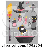 Black And Pink Witch Accessories Over Gray