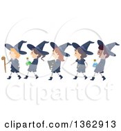 Happy Wizard Boys And Witch Girls Walking In Line Carrying Accessories