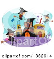 Poster, Art Print Of Child Witches And A Wizard Flying Around A Town