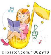 Clipart Of A Happy Red Haired White Girl Reading A Book On A Music Note Royalty Free Vector Illustration