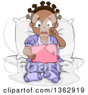 Clipart Of A Sad Black Girl Sitting On A Bed And Reading Or Watching Something Sad On Her Tablet Computer Royalty Free Vector Illustration