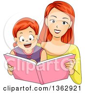 Clipart Of A Happy Red Haired Caucasian Mother Reading A Story Book To Her Daughter Royalty Free Vector Illustration