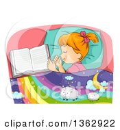 Poster, Art Print Of Red Haired Caucasian Girl Sleeping By An Open Book Dreaming Of Sheep On A Rainbow